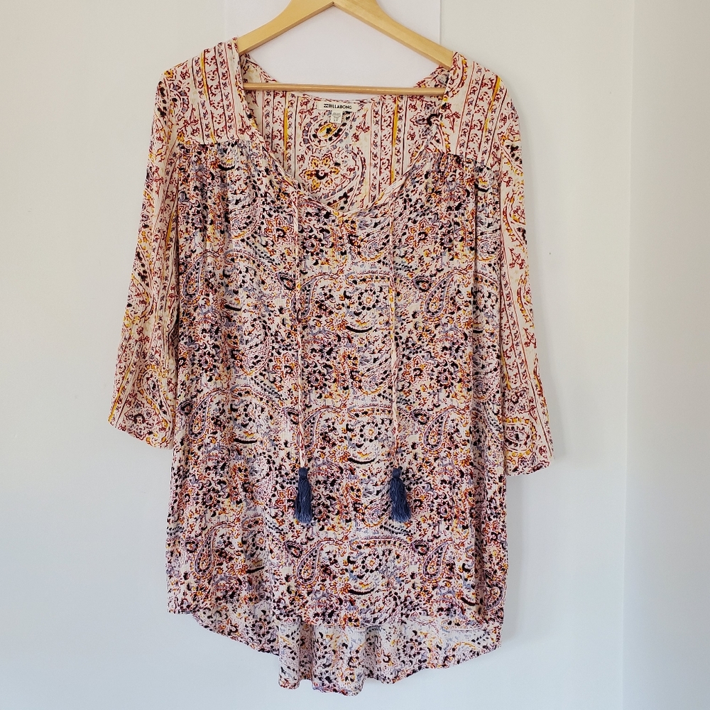 BILLABONG Sz S Boho Paisley Print Earthy 3/4 Ruffle Sleeve Tunic Top Beach Vacay
